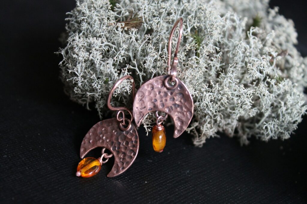 Hammered copper crescent moon earrings with amber beads