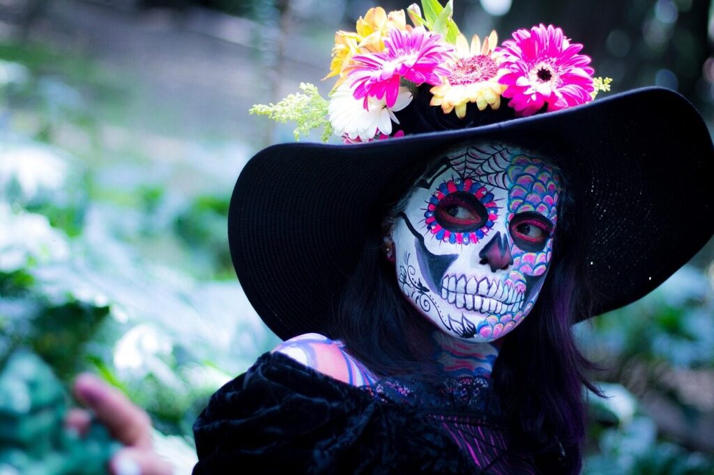 day of the dead, flower wallpaper, costume, makeup, cosmetics, face paint, flower background, hat, flowers, beautiful flowers, mexico, tradition, woman, nature, mask