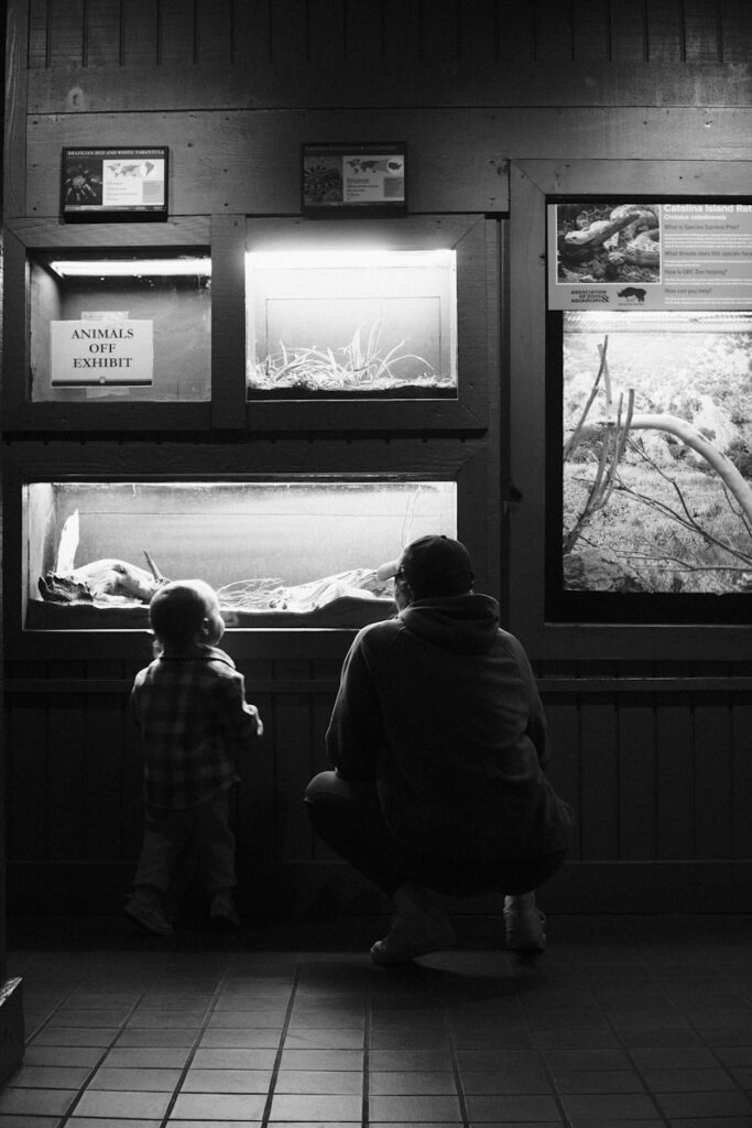 a man and a child looking at fish in a tank