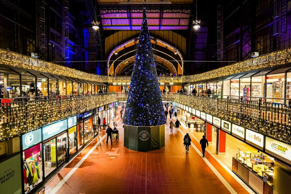 Large decorated christmas tree in a shopping mall.